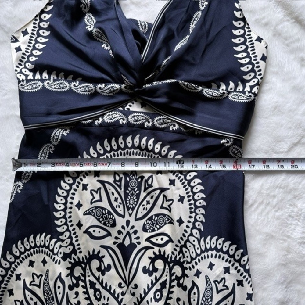Caroline Constas Navy Cream Paisley Twist Front Tie Back Maxi Dress Large NEW - Picture 5 of 9